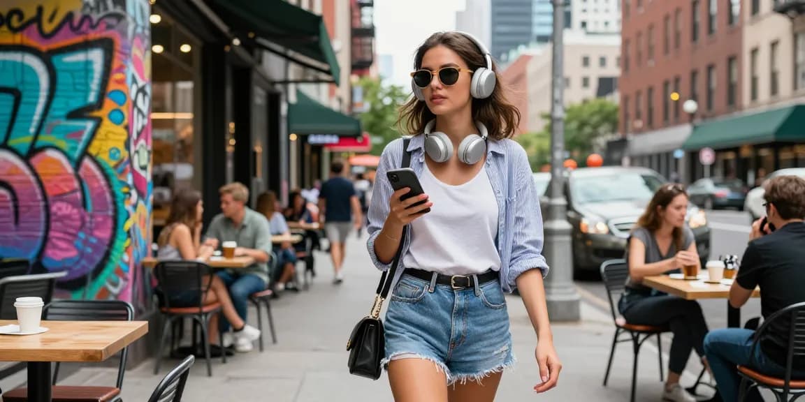 Hình ảnh một cô gái gọi tự tin, thả dáng trên đường phố thành phố sôi động, thể hiện phong cách hiện đại.