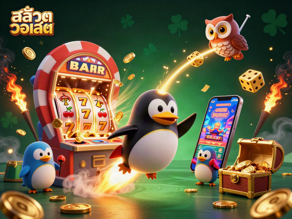 Experience thrilling สล็อตวอเลท adventures with a penguin in a cosmic casino scene bursting with excitement.