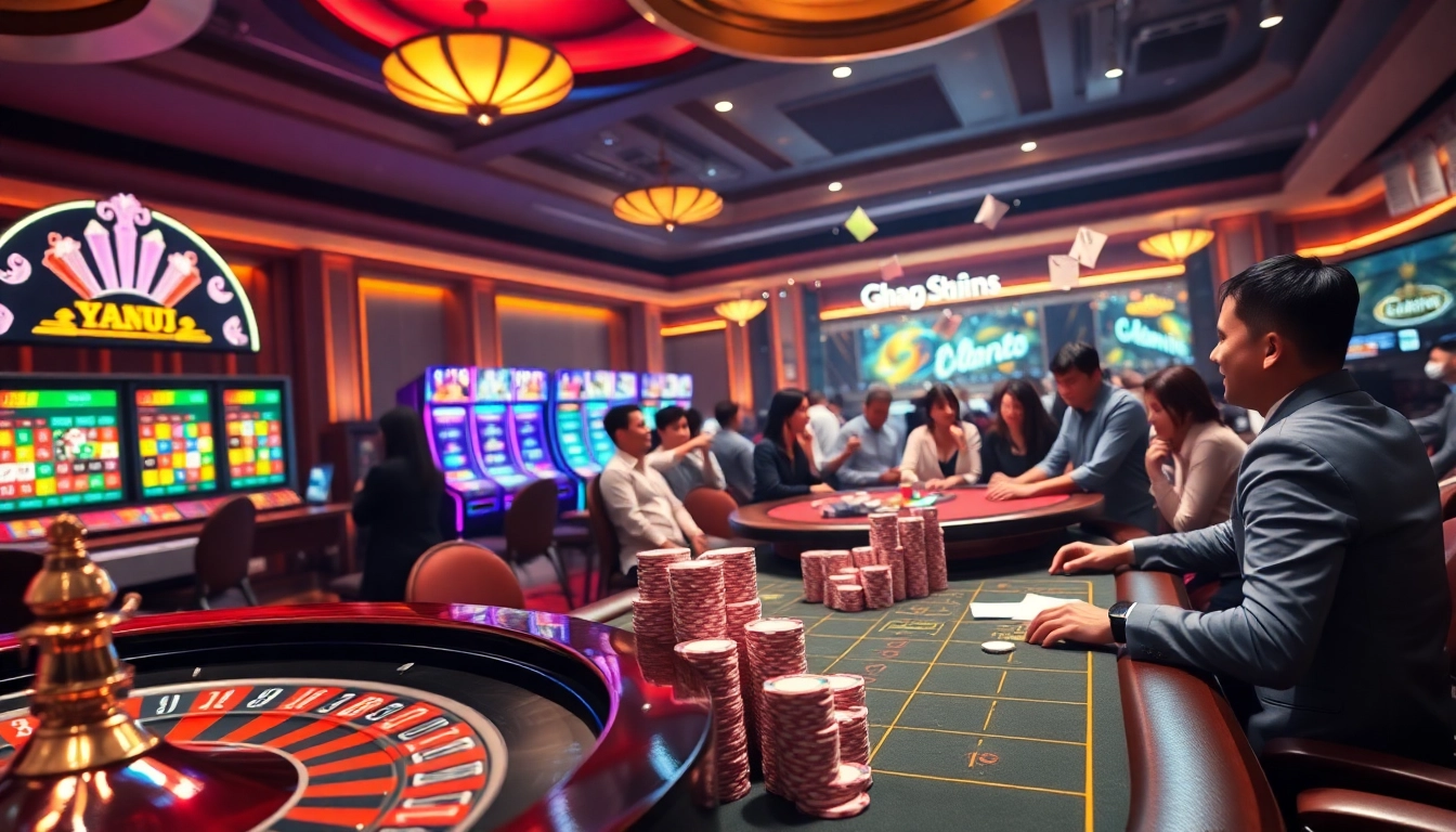 Experience the excitement of gambling at trang chủ jbo with vibrant casino visuals highlighting roulette and poker tables.