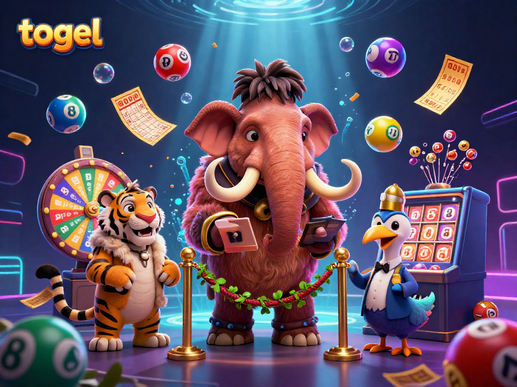 Experience togel excitement with vibrant lottery elements and charismatic characters in a dynamic casino scene.
