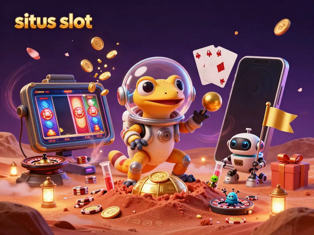 Experience the excitement of situs slot with a Martian gecko in a casino on Mars, enhanced by gaming elements.
