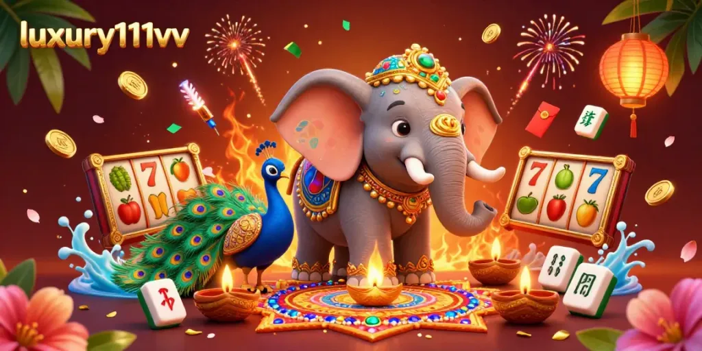 LUXURY111VV tampil di permainan slot dengan gajah diwali, simbol buah, dan lampu minyak.
