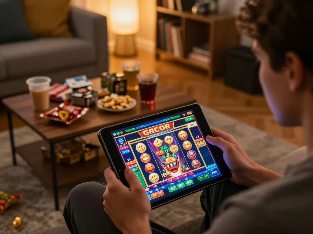 Player spinning slot gacor games on a tablet in a cozy home setting with snacks nearby.