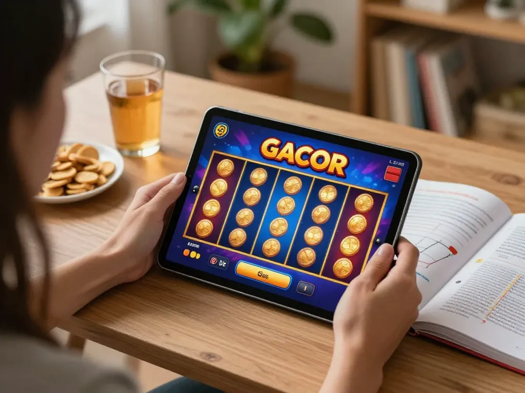 Engaging in slot gacor gampang menang gameplay on a tablet at home, showcasing vibrant reels and responsible gaming.