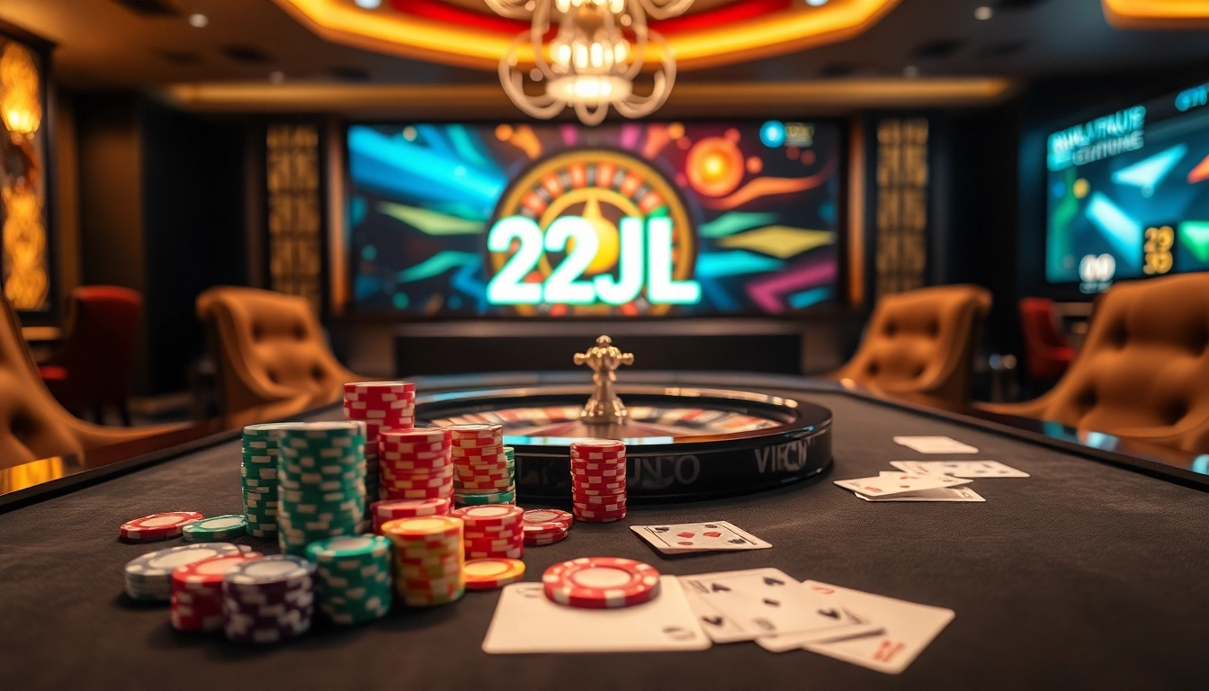 Exciting casino scene with poker chips and playing cards showcasing 22JL for online gaming enthusiasts.