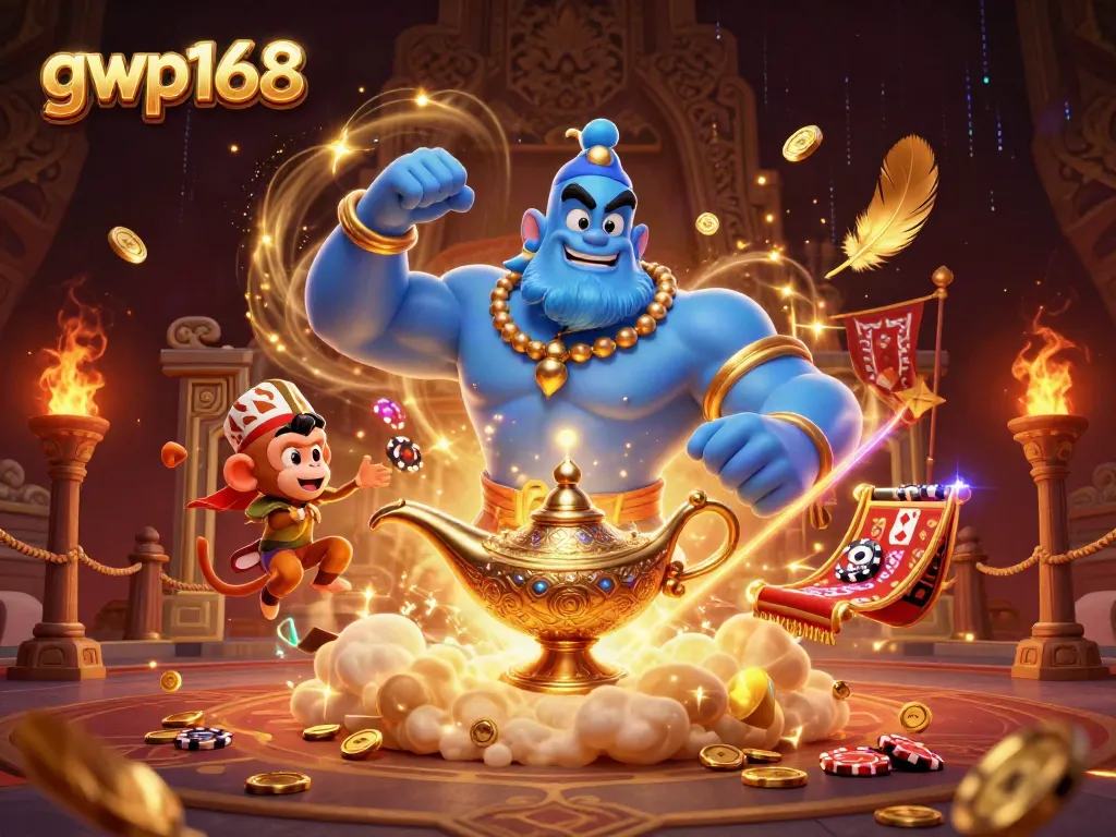 Menghasilkan hadiah jackpot secara mengasyikkan di GWP168 dengan lampu genie magis dan karakter berbinar.