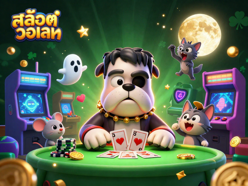 Engage with สล็อตวอเลท as a cartoon Frankenstein bulldog deals cards amidst gaming excitement.