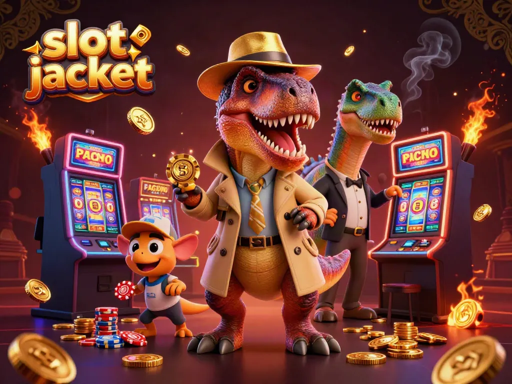 In a vibrant casino scene, a velociraptor attempts to win the slot jackpot while a stegosaurus watches, showcasing colorful gaming elements.