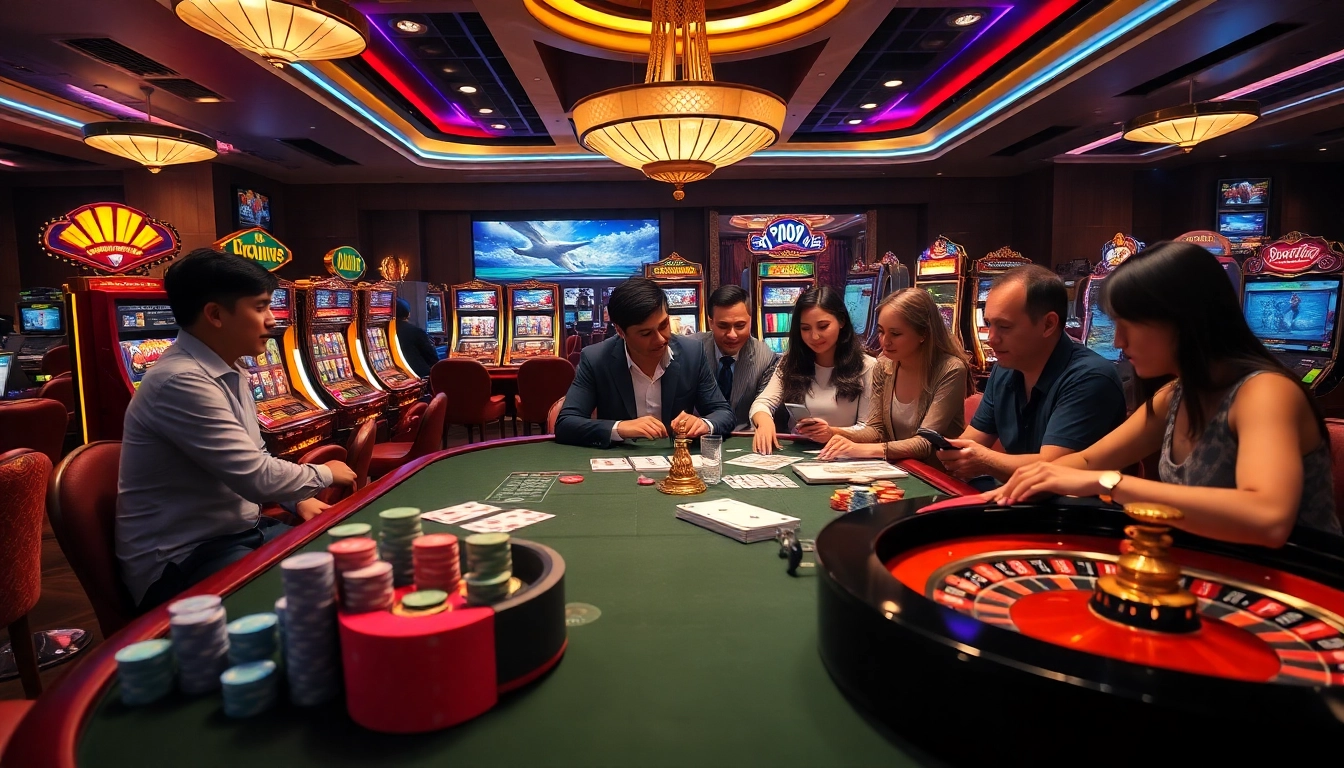 Experience the thrill of winning at https://rikvip11.xyz/ in a vibrant casino scene with poker cards and roulette wheels.