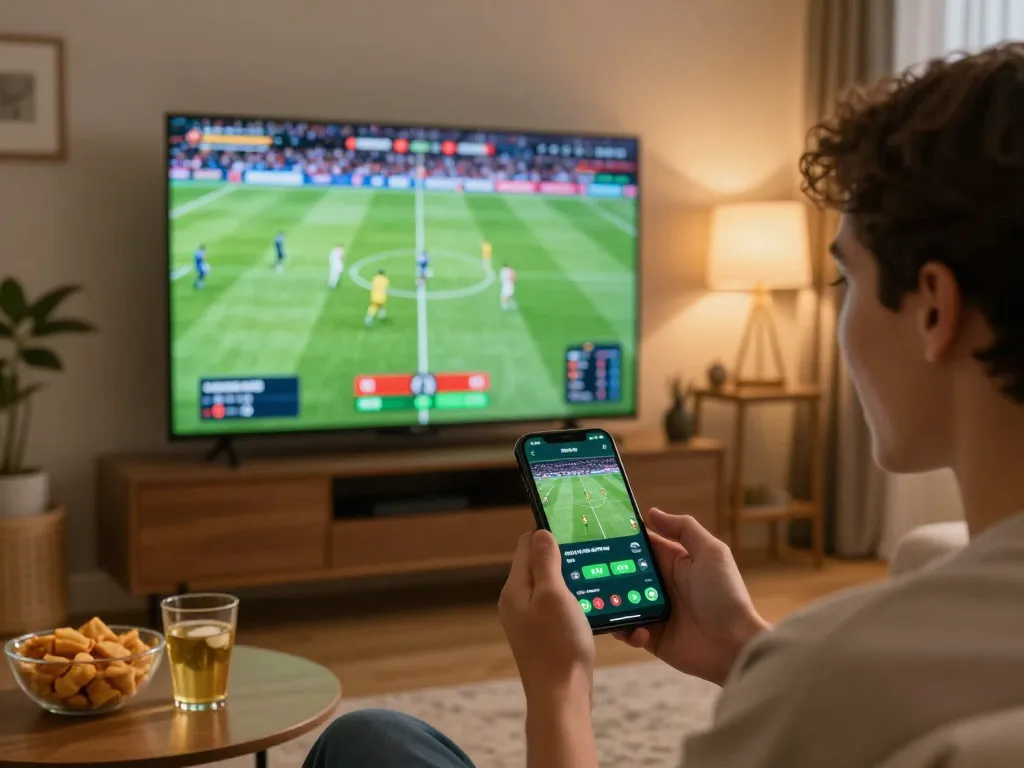 Excited user checking soc88 betting odds on smartphone while watching live sports event