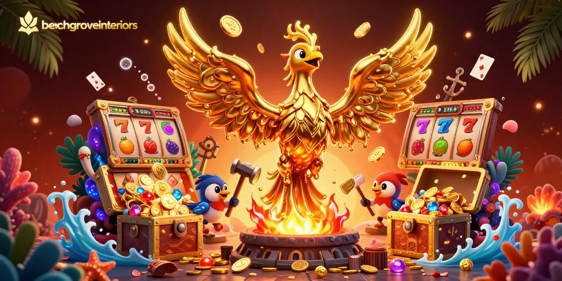 Engage with beechgroveinteriors: a stunning 3D casino illustration showcasing a golden phoenix amidst slot reels and treasures.