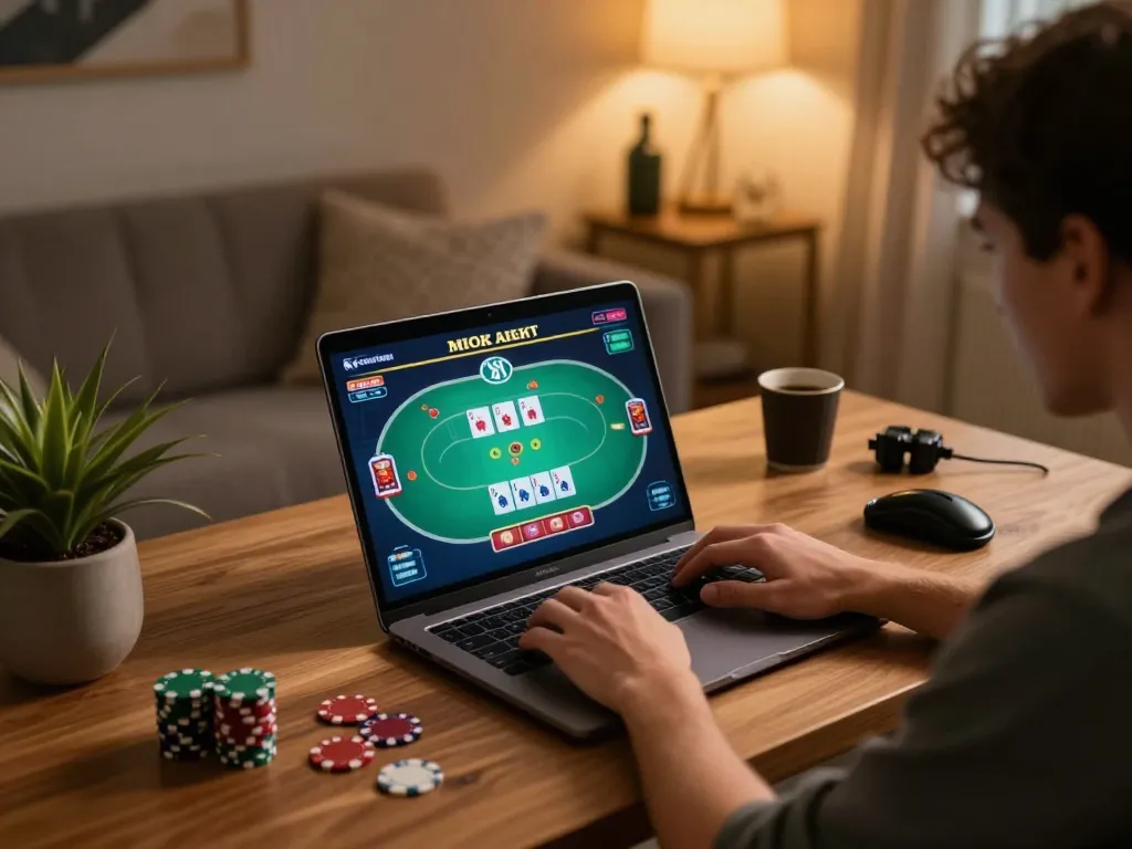 Player engaging with okfun gaming through a laptop, showcasing an immersive online poker experience.