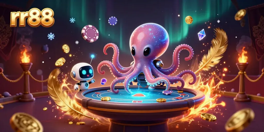 Experience the vibrant gaming excitement of rr88 with a colorful 3D casino illustration featuring alien and robot characters.