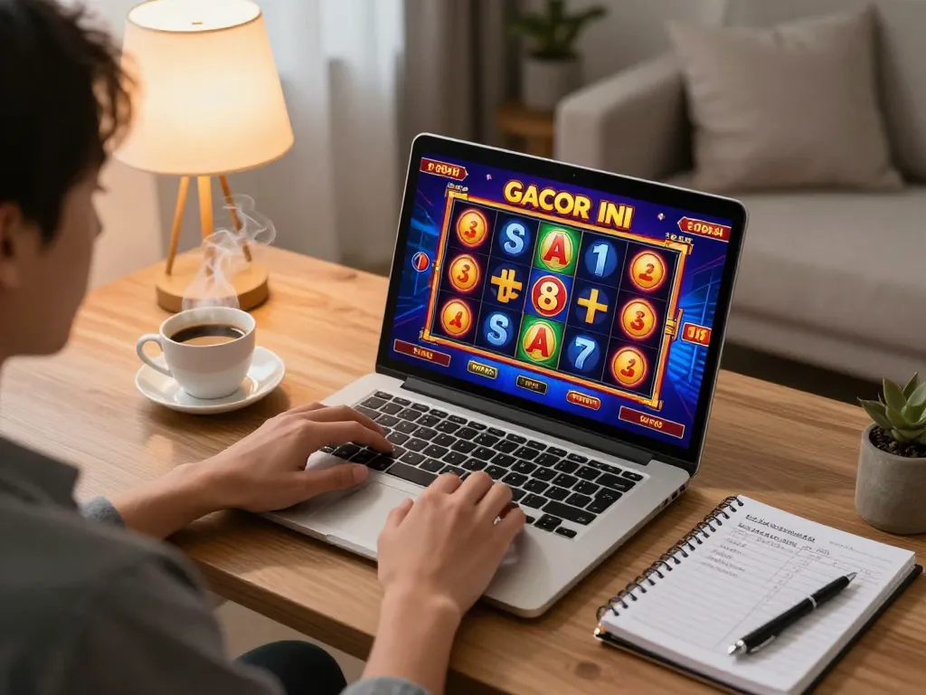 Engaging online gaming experience featuring slot gacor hari ini on laptop screen with strategic notes.