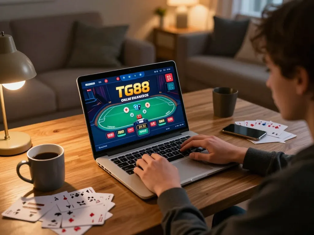 Engaged player exploring online TG88 casino with poker interface on laptop