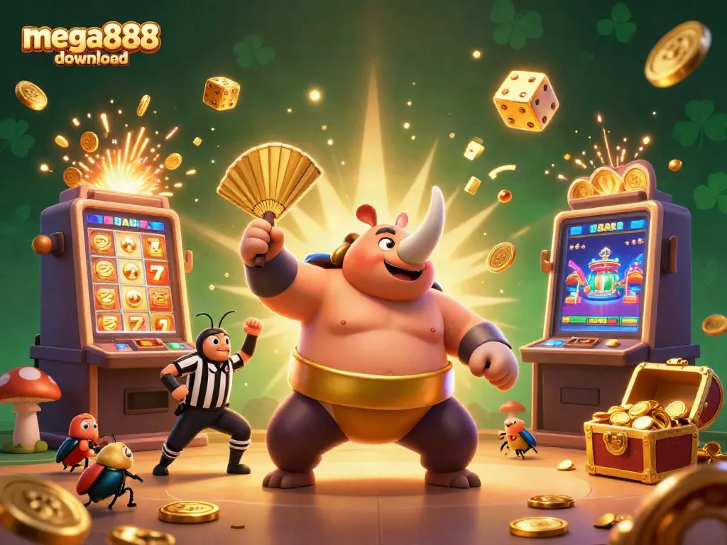 Experience the mega888 download excitement with a cartoon beetle melody in a vibrant casino scene.