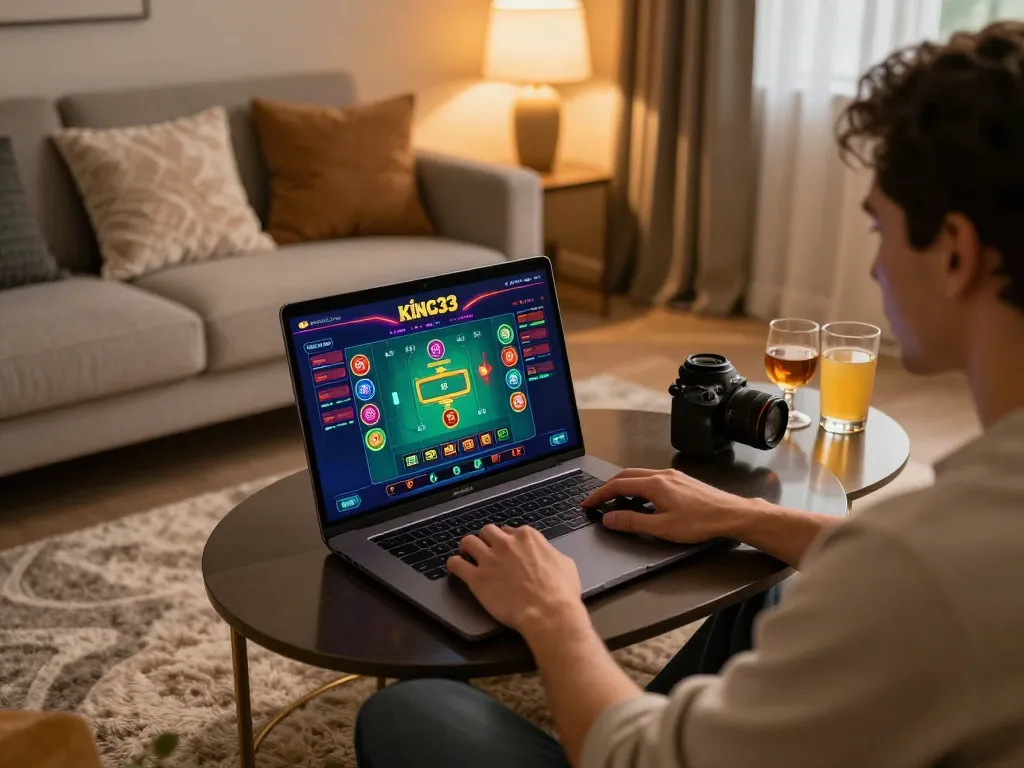 Engaging player analyzing bets on king33 online casino from cozy home setup, capturing responsible gaming atmosphere