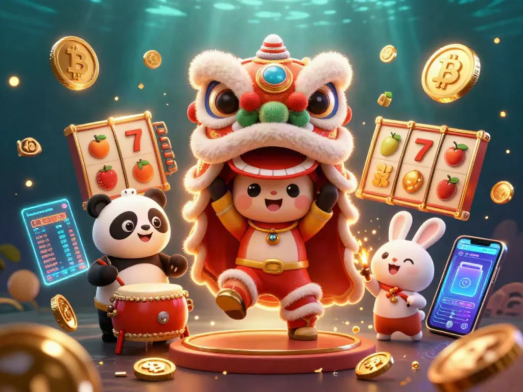Engage in slots entertainment with SAWA888, featuring a vibrant lion dance and Bitcoin coins.