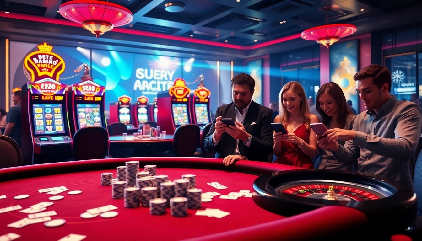 Engaging players participate in online onicplay gaming at a luxury casino table filled with poker chips.