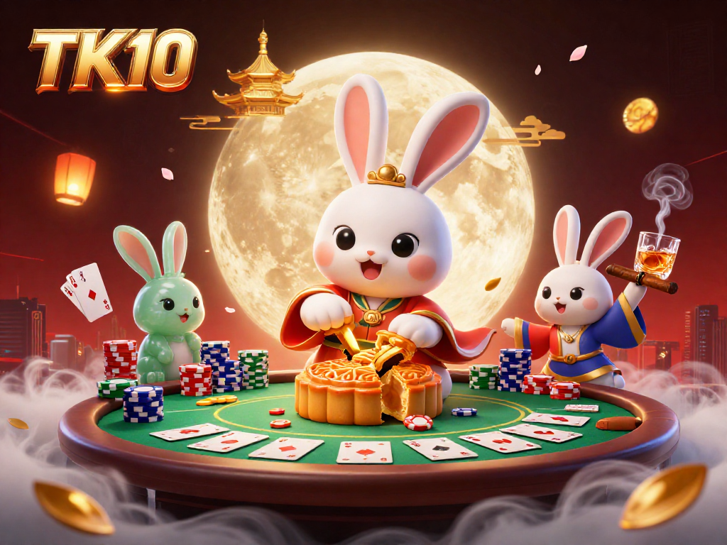 Experience thrilling gaming action with TK10 as the moon rabbit reveals poker chips in this vibrant scene.