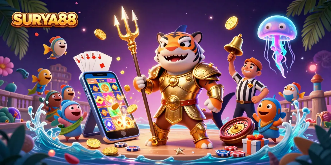 Engage with a thrilling SURYA88 casino adventure featuring a triumphant golden shark in a vibrant underwater scene.