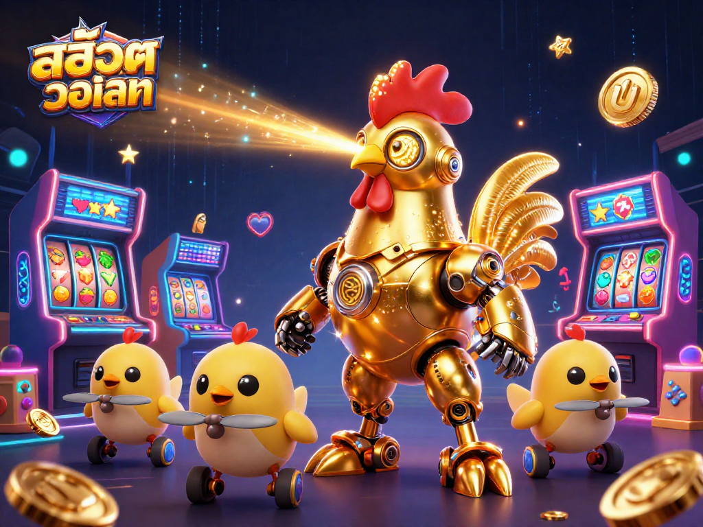 Engage with สล็อตวอเลท in this vibrant 3D scene featuring characters and gaming elements.