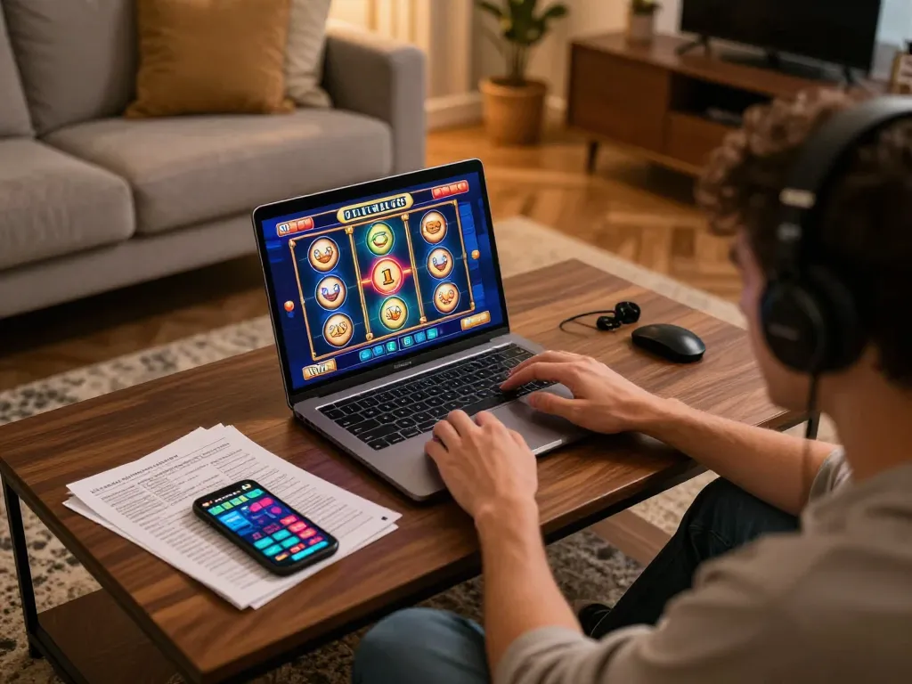 Playing vibrant casino games at home through casinos not on gamstop on laptop in a cozy setting.