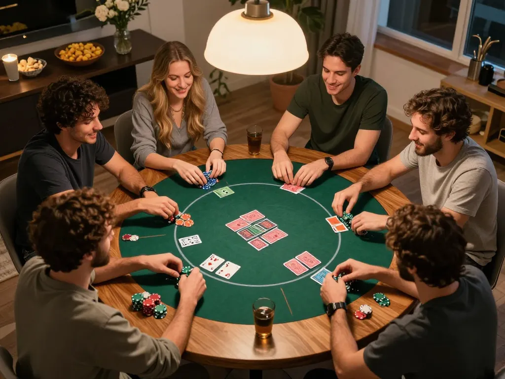 Friends enjoying strategic poker gameplay at home, engaging with AZTEC888 online casino.