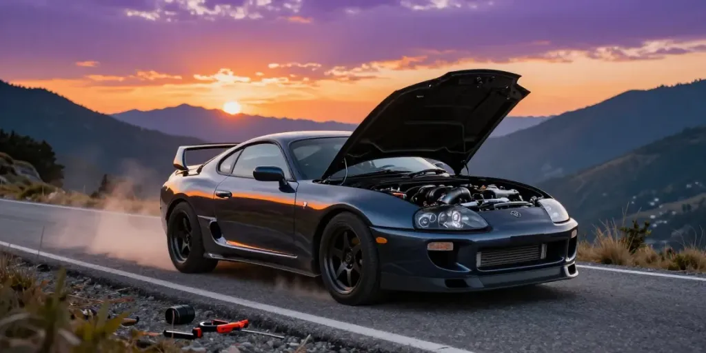 Modified A80 platform Toyota Supra on scenic mountain road at sunset