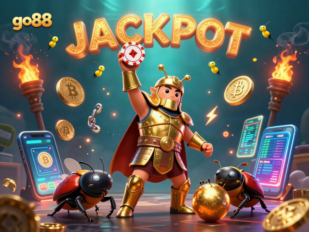 Play and win with go88 in a vibrant casino setting featuring a victorious beetle!