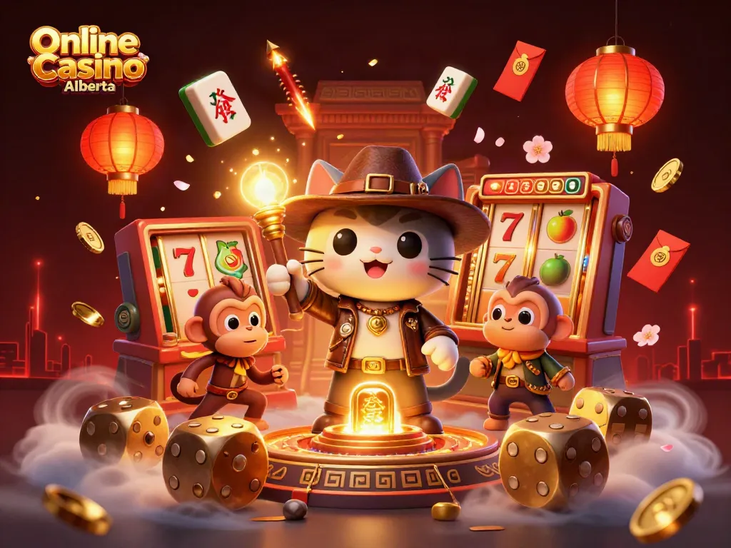 Play at Online Casino Alberta with a 3D cartoon scene featuring a cat and monkey exploring golden casino artifacts.