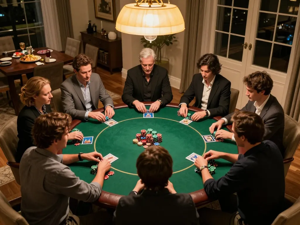 Players engaging in poker game at home, showcasing strategies with dn88 ambiance at cozy setting.