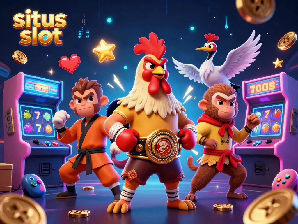 Situs slot gaming scene featuring dynamic characters and vibrant arcade elements