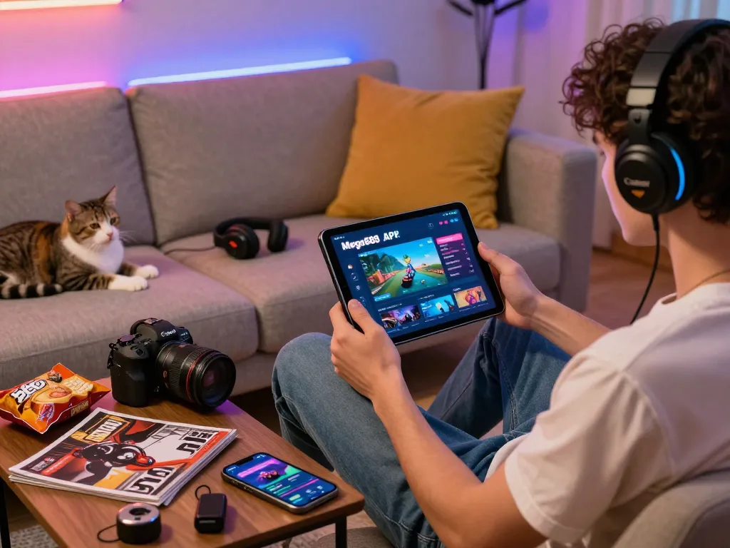 Engaging gaming scene with Mega888 tutorial interface on tablet, player enjoying a cozy setup.