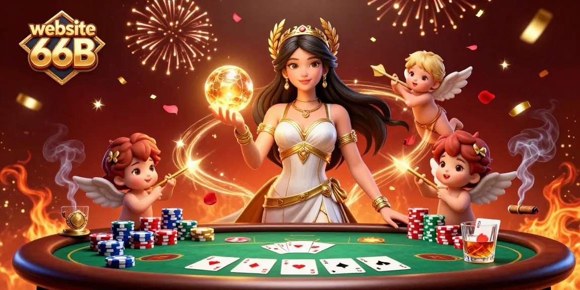 Experience the excitement of website 66B with captivating poker elements and celebratory visuals.