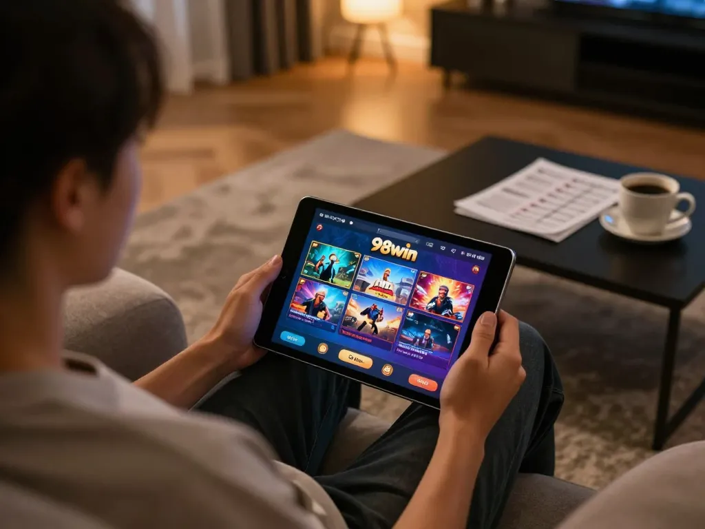 Engaging in online gaming with 98win on a tablet in a cozy living room