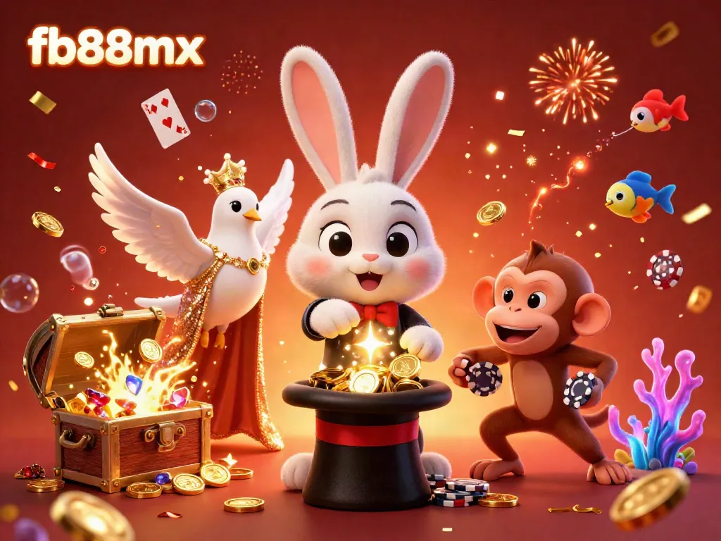 Experience fb88mx magic with a vibrant scene of a magician rabbit and snake dealer among floating game elements.