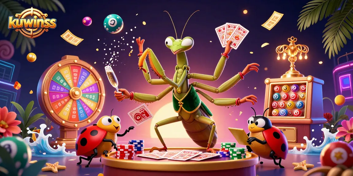 Kuwinss showcases a lively casino scene with a giant card sharp, ladybug pit boss, and dynamic lottery elements.