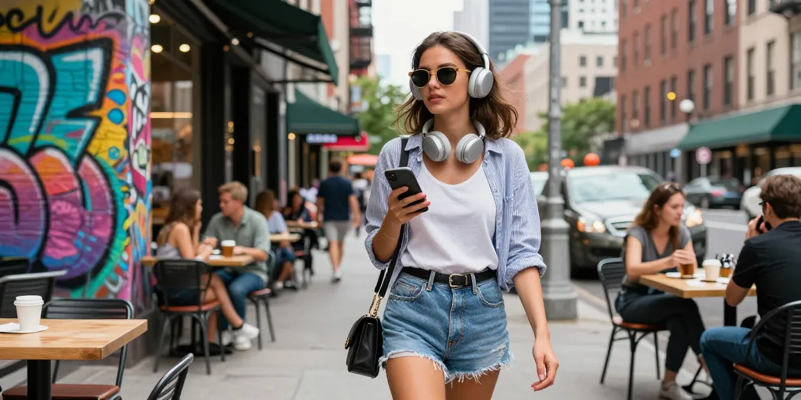 Hình ảnh một cô gái gọi tự tin, thả dáng trên đường phố thành phố sôi động, thể hiện phong cách hiện đại.