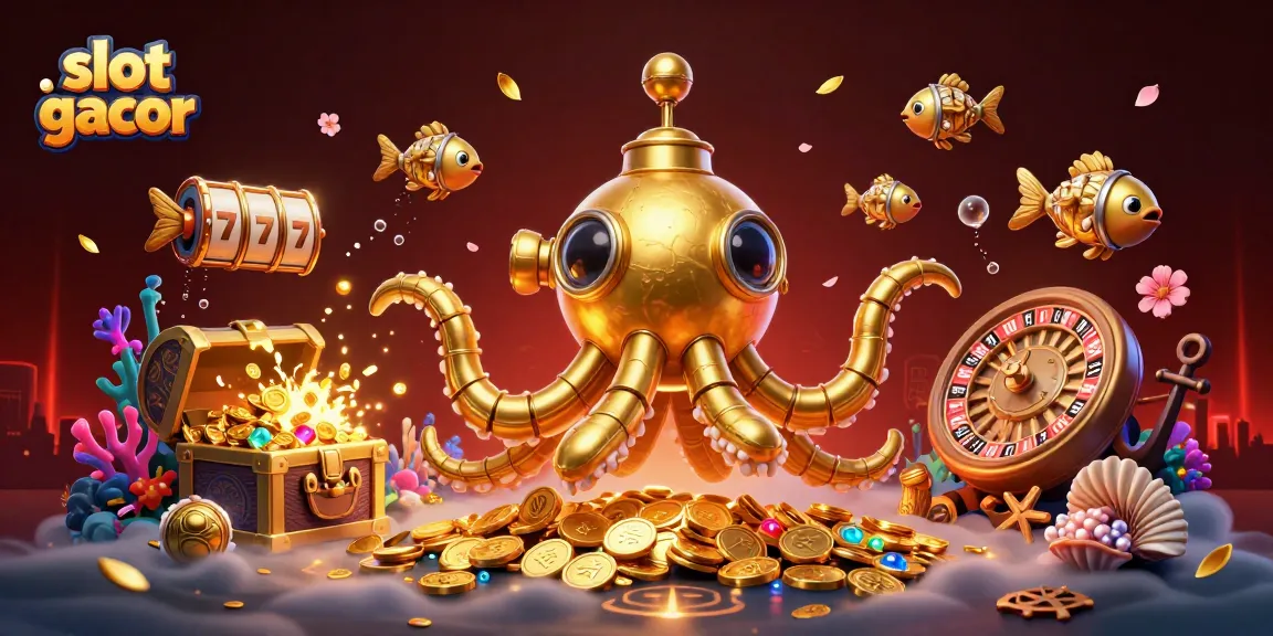 Visualisasi slot gacor yang menarik dengan kombinasi karakter dan elemen kasino di lautan koin emas.