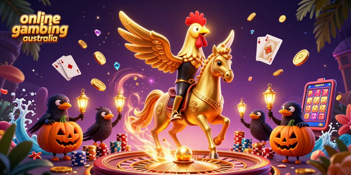 Experience online gambling Australia with vibrant casino action featuring golden elements and lively characters.
