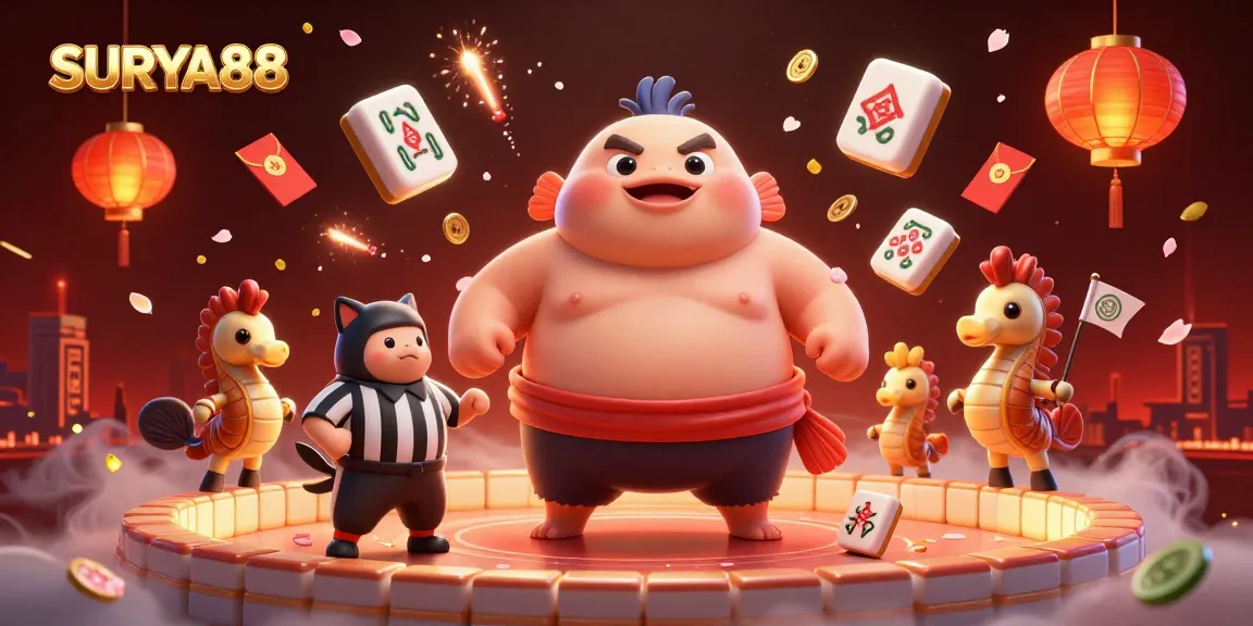 Join the excitement at SURYA88 with a lively scene of a fugu, catfish referee, and seahorse spectators celebrating in vibrant casino art.