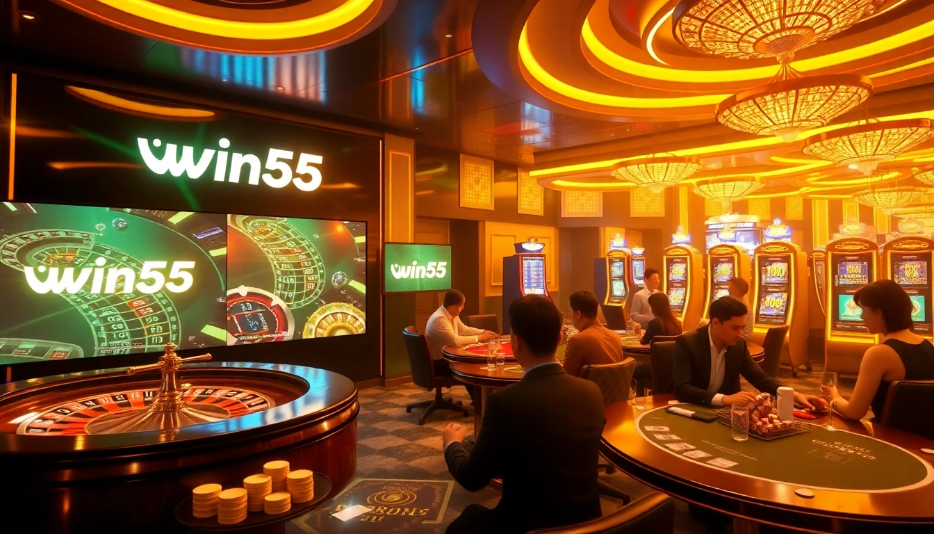 Experience the excitement of online gambling at win55, featuring vibrant casino elements like roulette and poker.