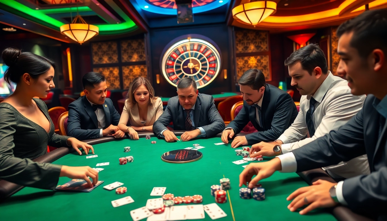 Mu88 poker scene featuring engaged players, vibrant cards, and colorful chips in an exciting casino atmosphere.