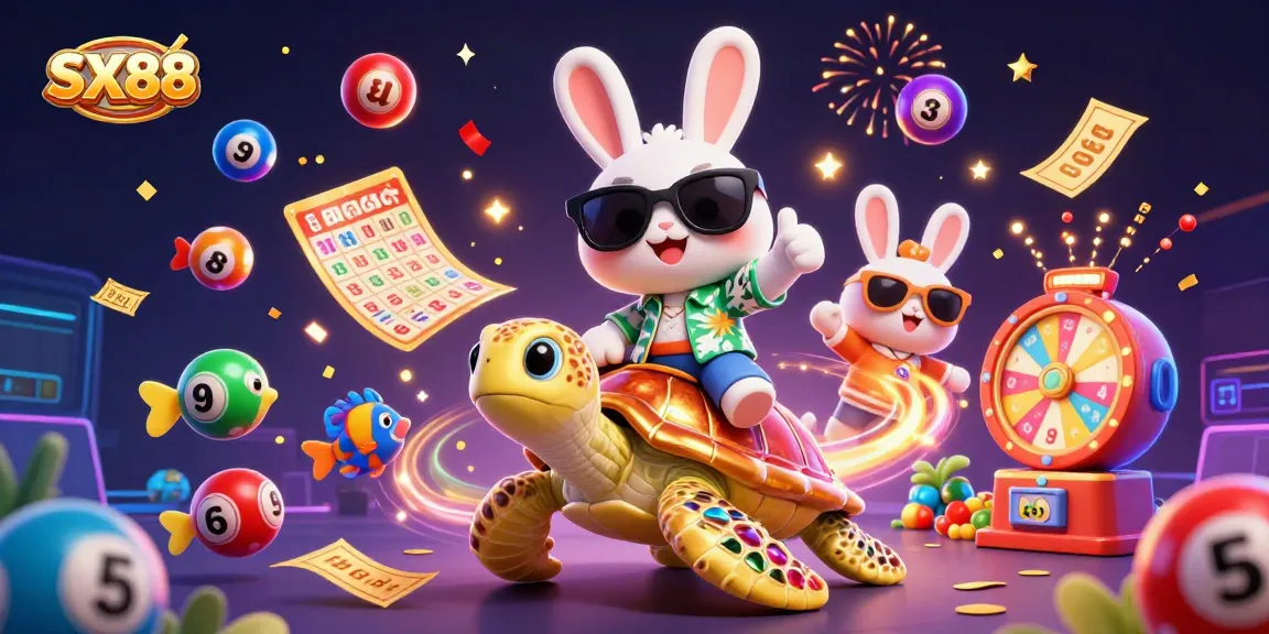 Experience wins with SX88 at this vibrant casino scene featuring a lucky rabbit and golden sea turtle.
