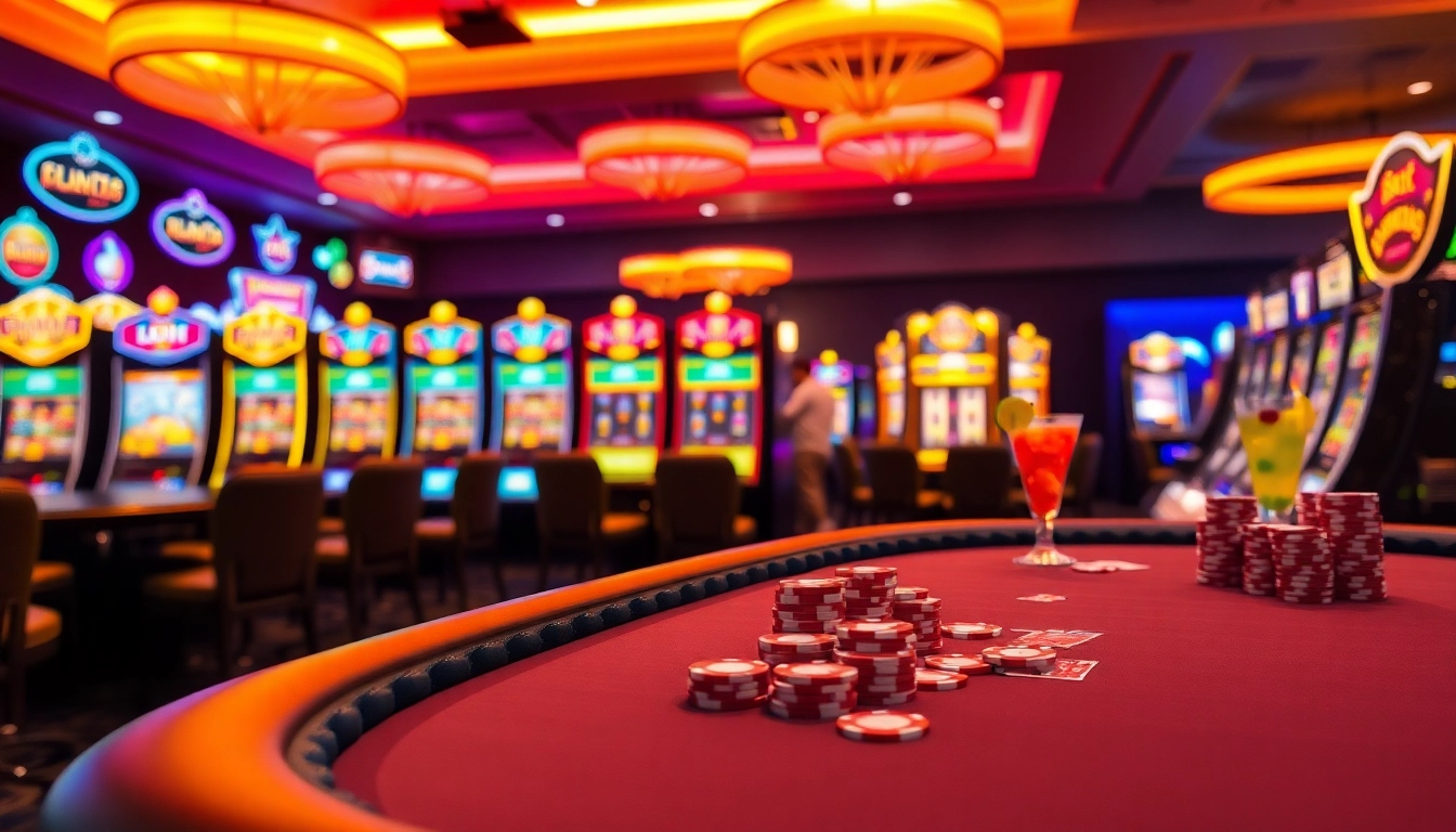 Erlebe die faszinierende Welt von casino spiele.de mit einem lebhaften Poker-Tisch und Slot-Maschinen.