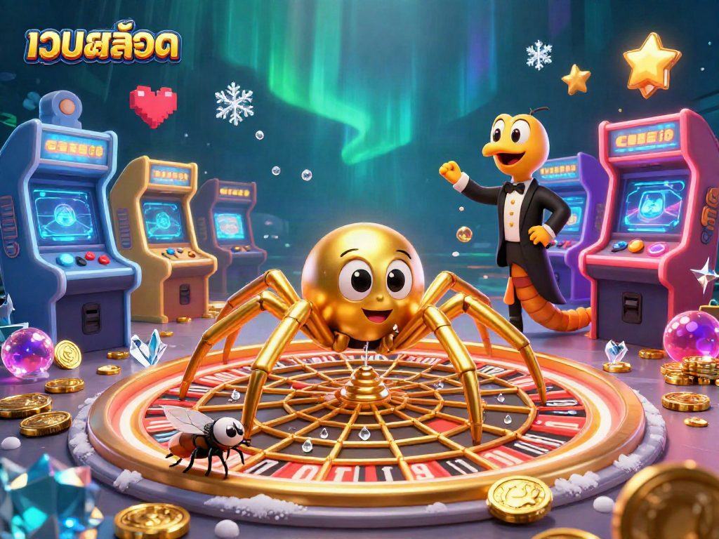 Experience เว็บสล็อต excitement with a colorful, 3D casino-themed illustration featuring vibrant game elements!