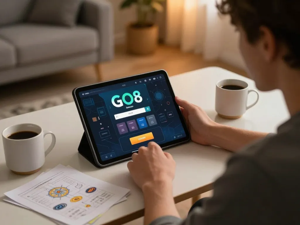 Person utilizing tablet for online gambling with go8 đăng nhập interface visible, highlighting strategic focus and cozy gaming environment