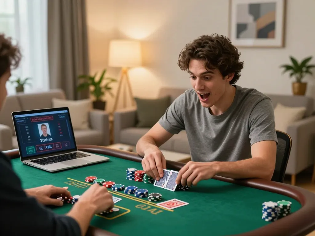 Engaging player enjoying sunwin live dealer blackjack game from home, vibrant gaming atmosphere.