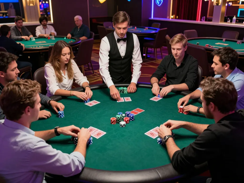Poker game at CM8888 casino table with players engaged and dealer shuffling cards during an exciting round.